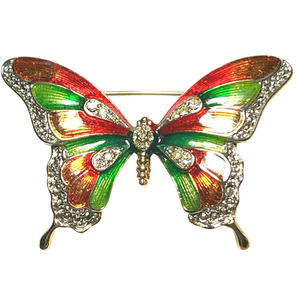 Vintage Style Butterfly Brooch Pin 2.25" Multicolor Enamel Rhinestone Gold Tone